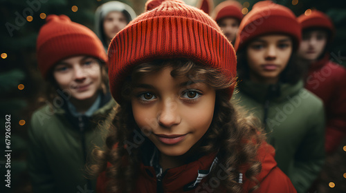 Children - kids - friends - selfie - extreme close-up - low angle shot - Christmas - holiday - festive - winter - black and white with color splash - monochrome - quirky - charming - eccentric 