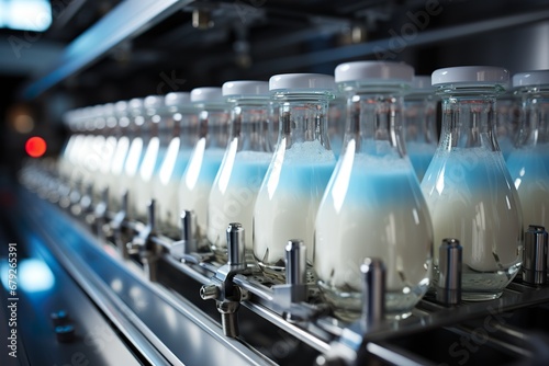 milk factory. machine filling milk in bottles in line production. modern factory