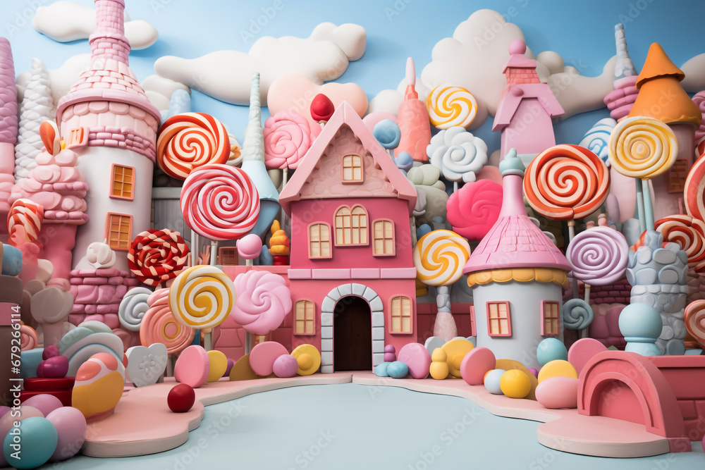 A small town made of candy and sweets. Backdrop for children's parties - obrazy, fototapety, plakaty 