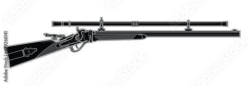 Vector illustration of the Sharps rifle with a scope and folded diopter on the white background. Black. Right side.