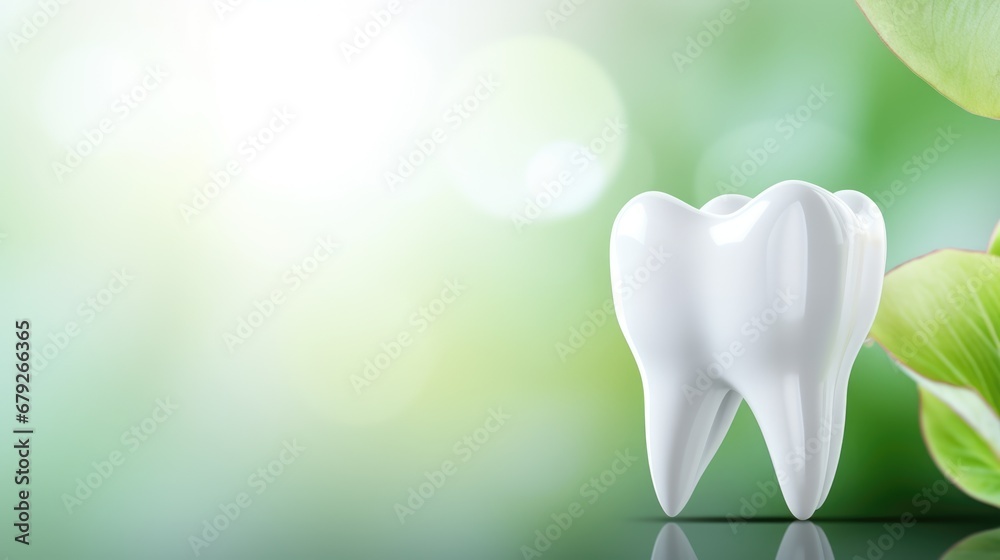 Close-up of a white tooth on a green background with free place for text. Dental medical background Close-up of a white tooth on a green background with free place for text. Dental medical background