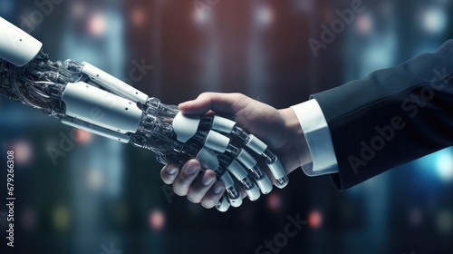 Handshake between robot and human. Business relationship, partnership, artificial intelligence concept © eireenz