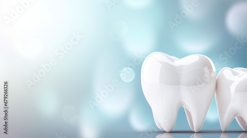 Close-up of a white tooth on a blue background with free place for text. Dental medical background