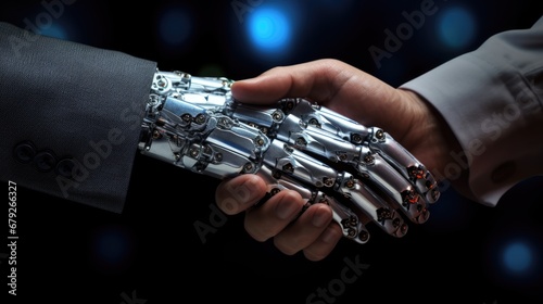 Handshake between robot and human. Business relationship, partnership, artificial intelligence concept