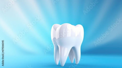Close-up of a white tooth on a blue background with free place for text. Dental medical background