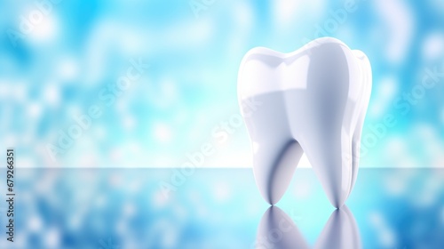 Close-up of a white tooth on a blue background with free place for text. Dental medical background photo