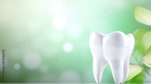Close-up of a white tooth on a green background with free place for text. Dental medical background