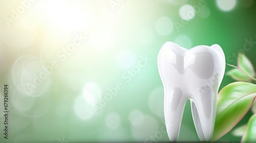 Close-up of a white tooth on a green background with free place for text. Dental medical background