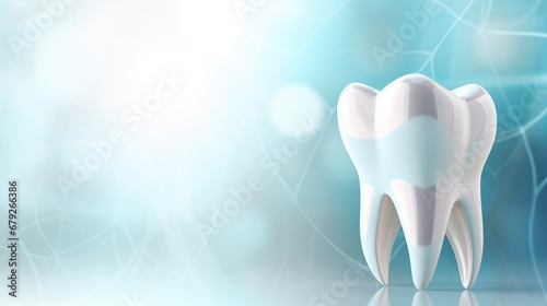 Close-up of a white tooth on a blue background with free place for text. Dental medical background