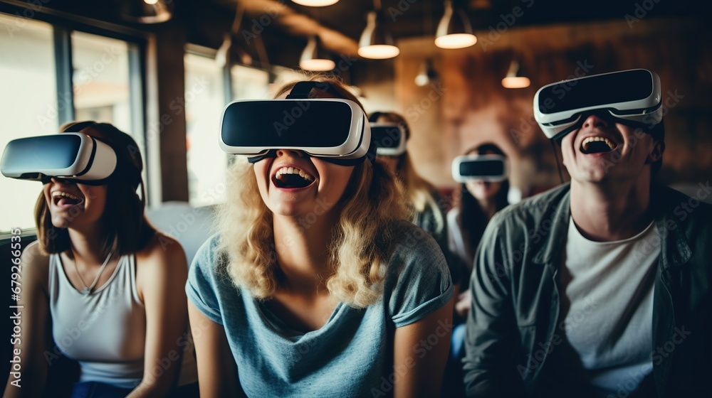 A group of Friends immersed in VR gaming, Reflecting the Modern Entertainment Preferences of Young People A group of Friends immersed in VR gaming, Reflecting the Modern Entertainment Preferences of Young People