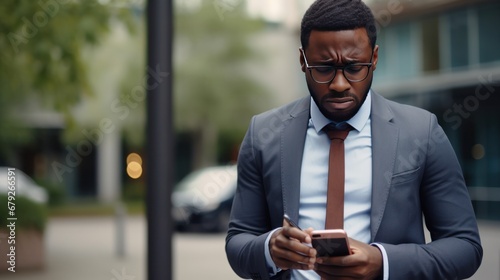 Worried black male office worker businessman standing outside and using mobile phone. Disappointingly looks at the screen generative ai