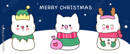 christmas card with cat santa claus snowman kawaii cartoon happy new year x mas character