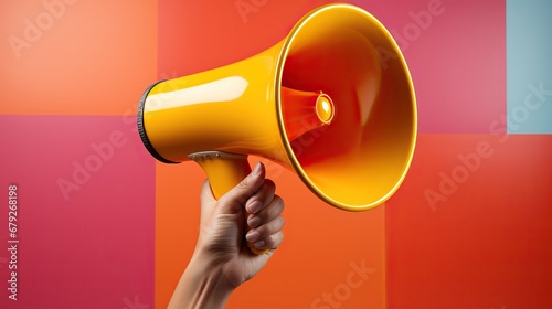 Mégaphone tenu dans une  main sur fond multicouleurs