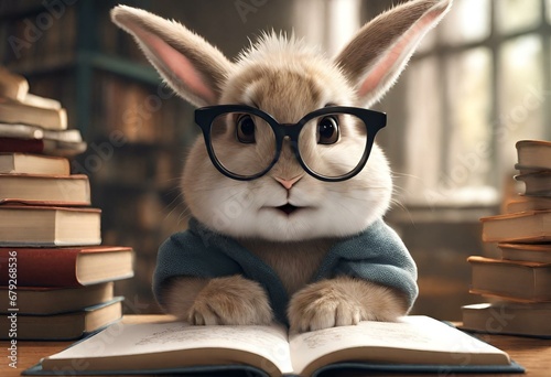 A cute baby rabbit looks adorable while reading a book