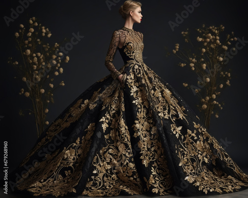 Fashion portrait of a woman in a luxurious long black gown adorned with golden flowers. Perfect for fashion concepts, elegance, luxury.