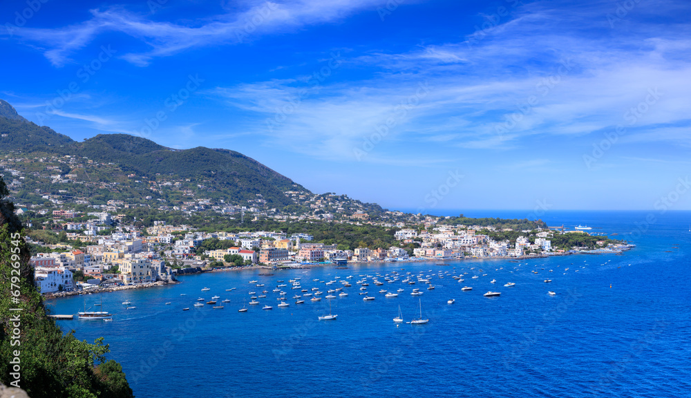 Panoramic view of Ischia Ponte in Italy.	