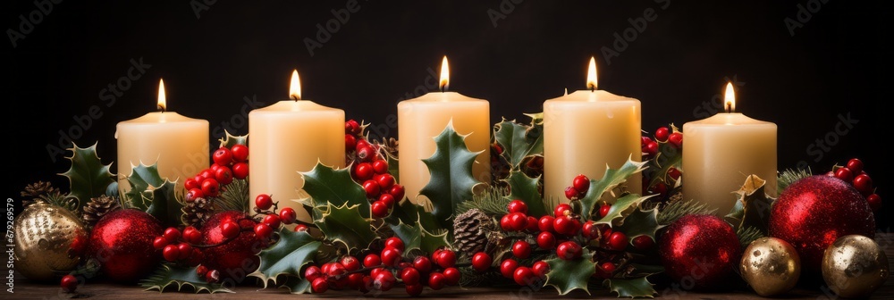 Christmas burning candles surrounded by holly leaves and various holiday trinkets, banner