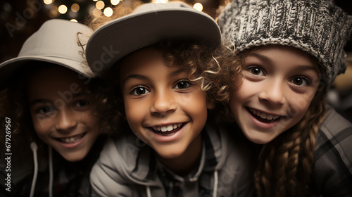 Children - kids - friends - selfie - extreme close-up - low angle shot - Christmas - holiday - festive - winter - black and white with color splash - monochrome - quirky - charming - eccentric 