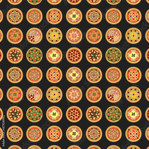 Seamless pattern with smooth round different pizzas on dark background