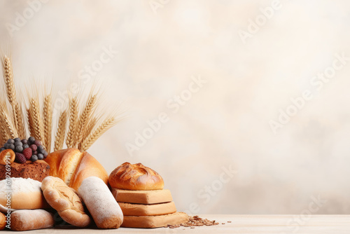 Various delicious pastries and breads placed on pastel background with copy space, Bakery with buns, loaves, rolls, and croissant. photo