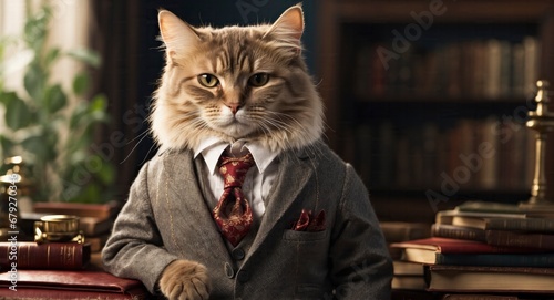 A charming cat, adorned in tiny glasses and fashionable attire, exudes an air of intellectual whimsy. Dressed in dapper threads, the feline stands with a confident demeanor, the clothes tailored to pe