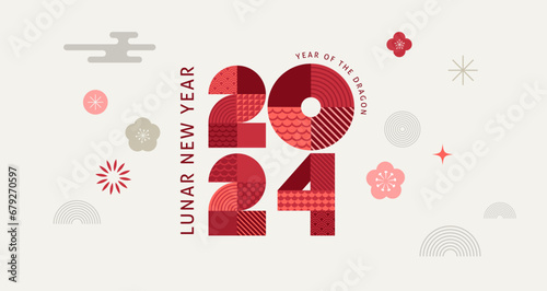 Lunar new year background, banner, Chinese New Year 2024 , Year of the Dragon. Geometric modern style