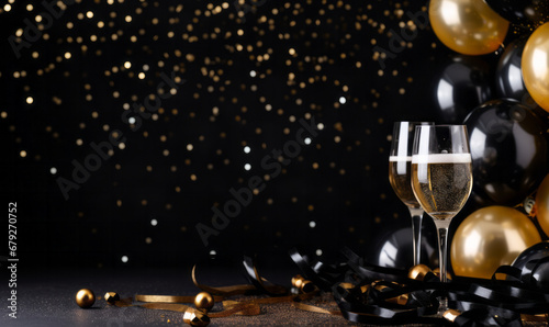 Champagne glasses with gold glitter confetti. Party invite and celebration background