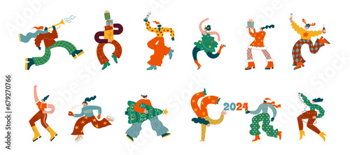 Fun Merry Christmas and Happy New Year collection of groovy, hippie bizarre disproportionate characters, wearing Santa hat and Xmas costumes, dancing, jumping and drinking champagne 