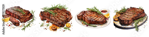Grilled beef steak with rosemary and garlic and lem Hyperrealistic Highly Detailed Isolated On Transparent Background Png File