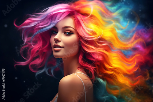 Portrait of a beautiful girl with rainbow neon hair style on black background.