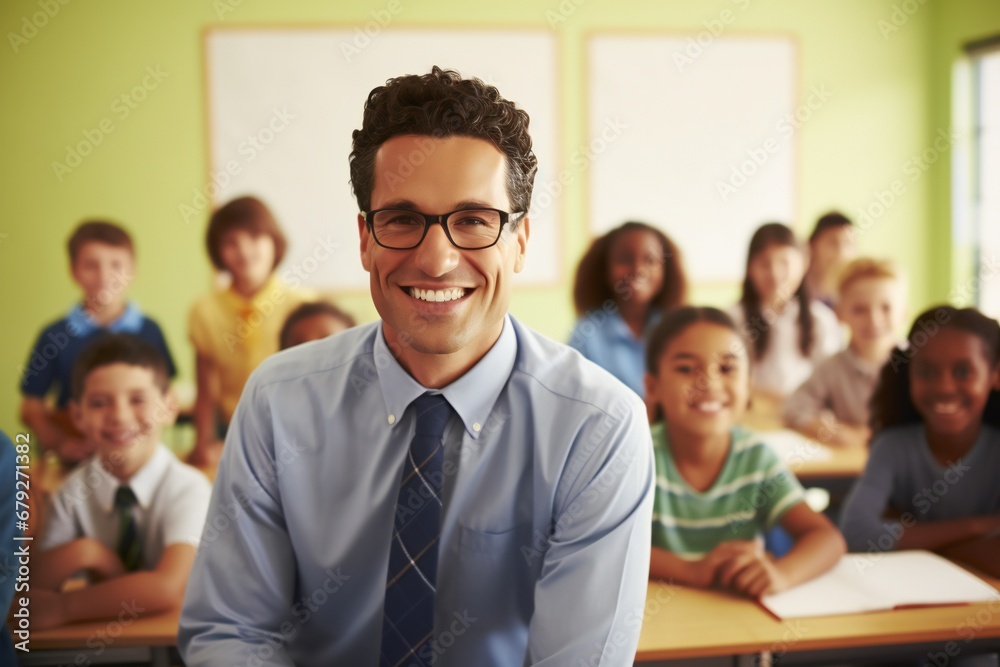 Portrait of smiling male teacher in a class at elementary school looking at camera with learning students on background