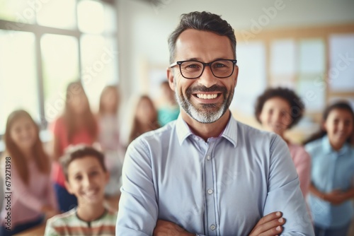 Portrait of smiling male teacher in a class at elementary school looking at camera with learning students on background © JAYDESIGNZ