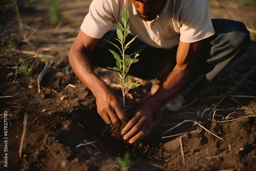 Fototapeta premium person planting a tree, plants to stop global warming, save planet and environment,