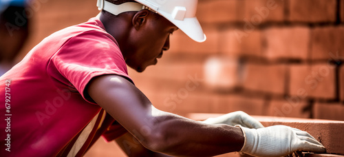 Construction worker. Mason bricklayer installing red brick  outdoors. Construction mason worker bricklayer making a brickwork photo