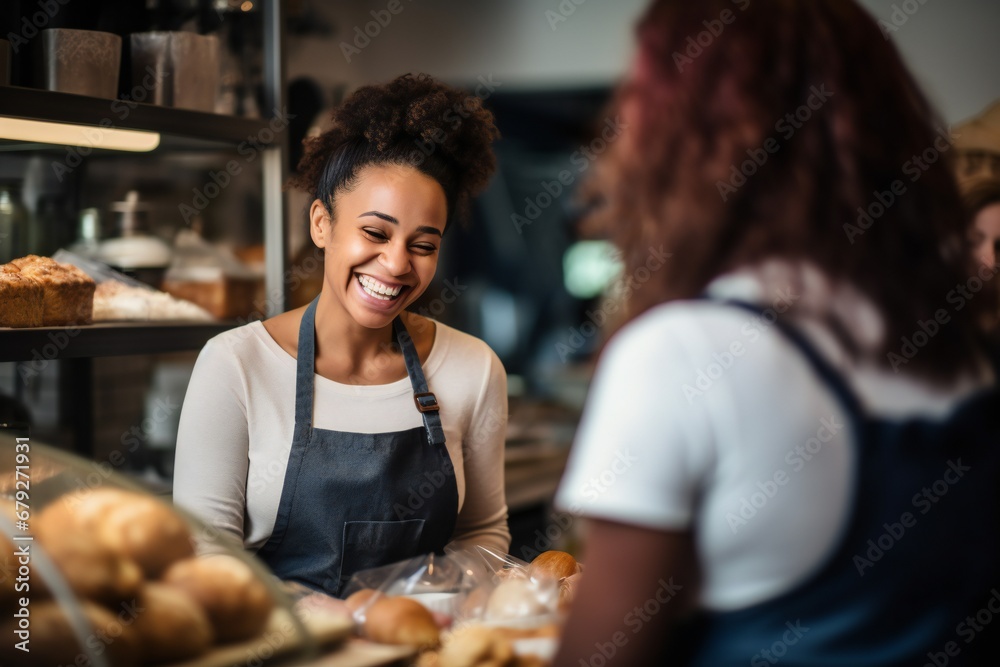 A candid shot of a smiling female baker, who's also the shop owner, offering exemplary customer service as she hands a customer their order in her retail store
