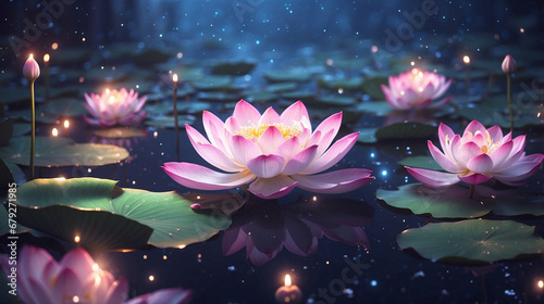 Magic lotus flower. Glowing night lights over the water.