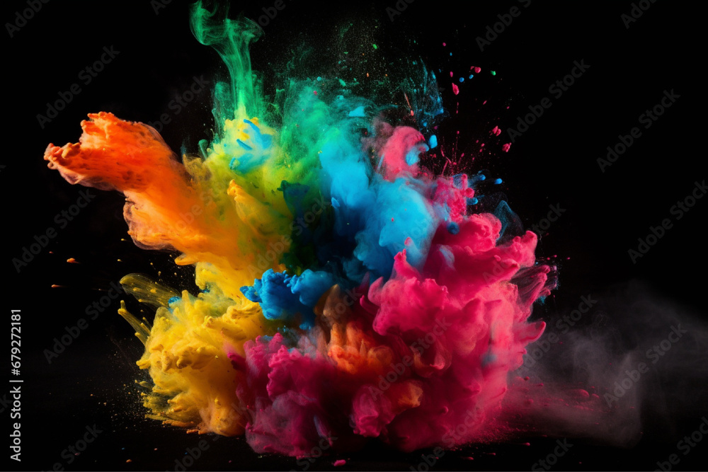 Fototapeta premium Colorful mixed rainbow powder explosion isolated on black background
