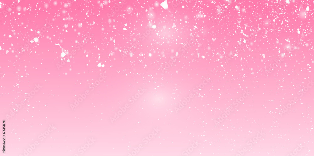 Flying rain or snow on pink background. Winter background with snow and glitter in pink gradient color.