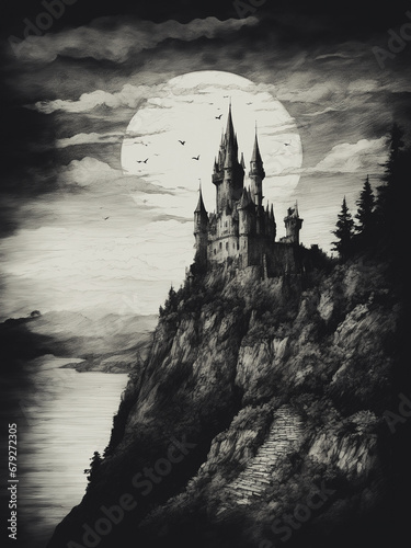illustrazione di antico e ameno castello su rocce erte e scoscese illuminato da una grande luna, inchiostri su carta photo