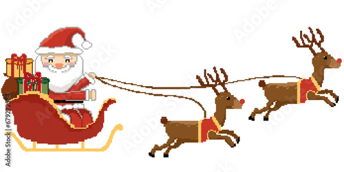 Santa Claus is on his way to deliver gifts to children on Christmas Day riding a sleigh and reindeer. © NANINY