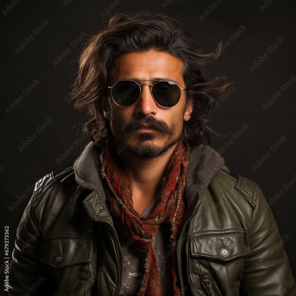 Fototapeta premium Portrait of a handsome man with a long beard and mustache in black suit and sunglasses. Generative AI