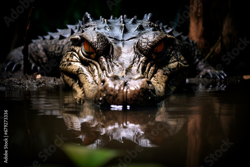 Crocodile in the lake  ready to hunt its prey. Close-Up of a Menacing Crocodile Eyeing Prey with a reflection in water. Intimidating Crocodile Staring Intently. Crocodile Lurking Above Water Surface