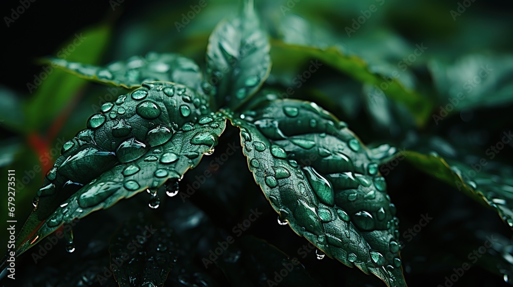 natural green leaves with raindrops after a thunderstorm in the tropical forest. Close-up of grass. - obrazy, fototapety, plakaty 