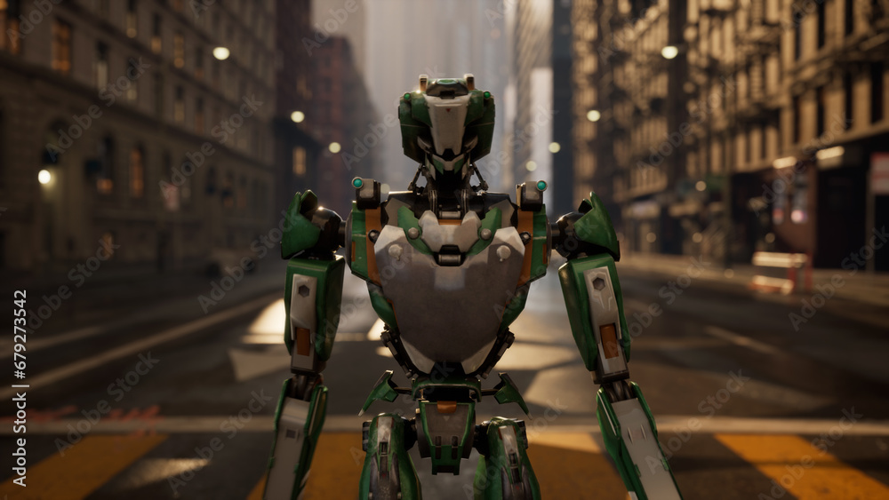 robot walking along a deserted street in a big city. humanoid AI robot crossing street. 3d animation. future automation job. robot walking along a deserted street in a big city. humanoid AI robot crossing street. 3d animation. future automation job.