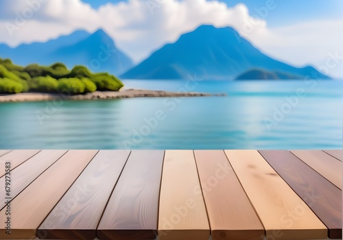 wooden floor for mockup, with sea and mountain,  lagoona background photo