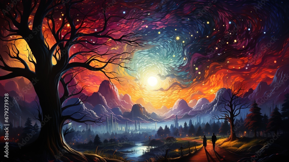 A fabulousfcolorful forest illuminated by the moon at night. Cosmic sky made of planets and stars.