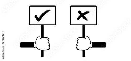 Cartoon hand and signboard vote. Accept or unaccepted vote. Don't or Dont Do's or don'ts. Unlike or dislike day hands. Compliments, oke or like hand thumb up or thumbs down. Yes or no feedback.