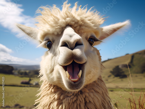 Cheerful Alpaca in the Field. Surprised llama funny face. Safari animals concept. Friendly Alpaca with Fluffy Hair Enjoying the Sunshine in the Valley. Smiling Alpaca Portrait Outdoors