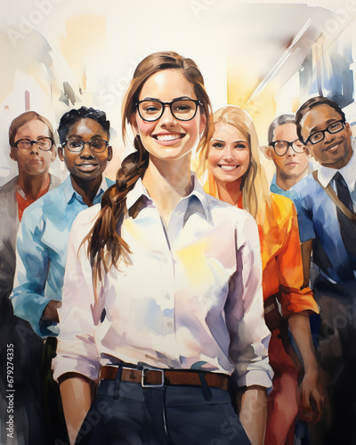 watercolor illustration of a diverse group of students / interns