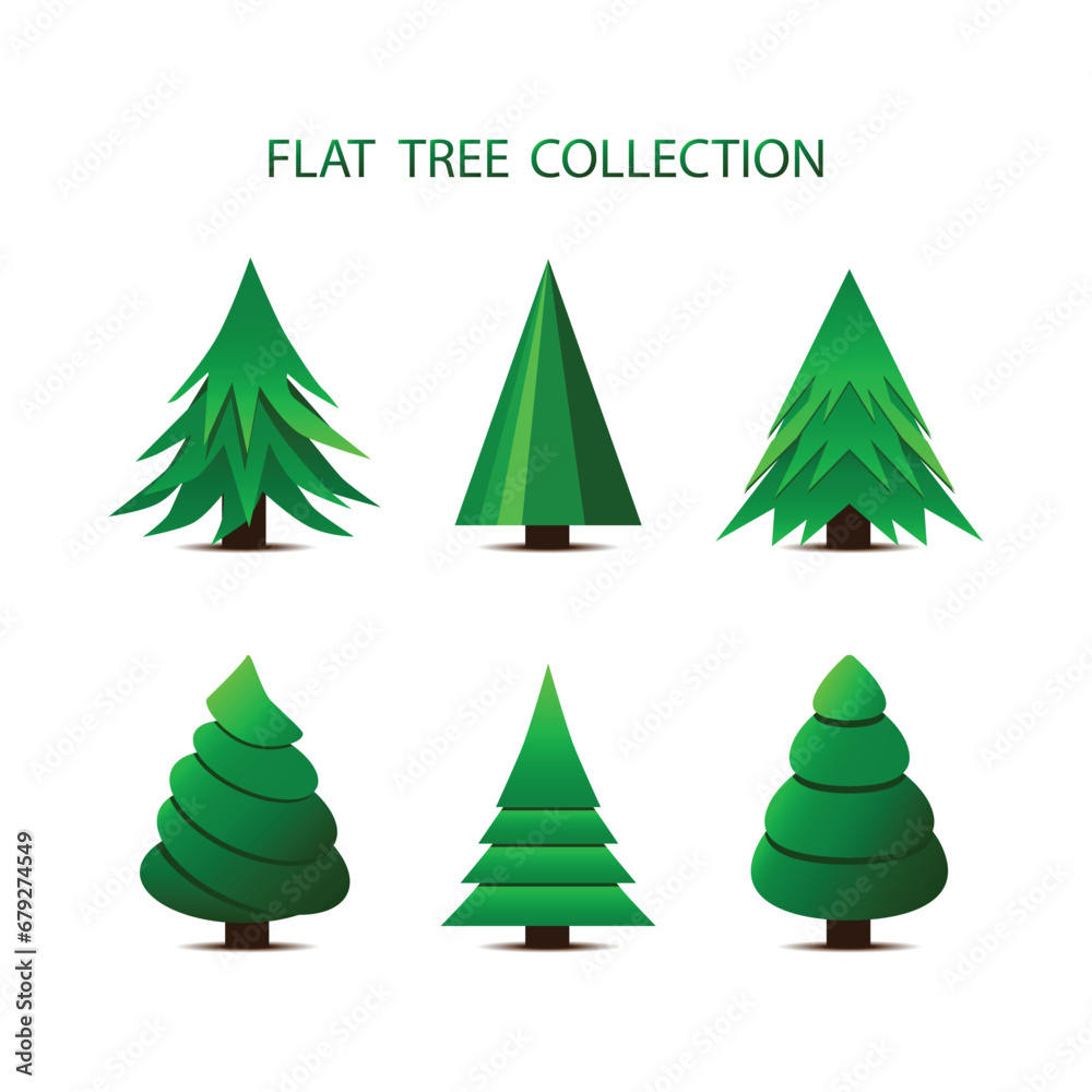 Christmas tree. Set of original 3D Christmas trees on white. Flat tree collection. Vector illustration